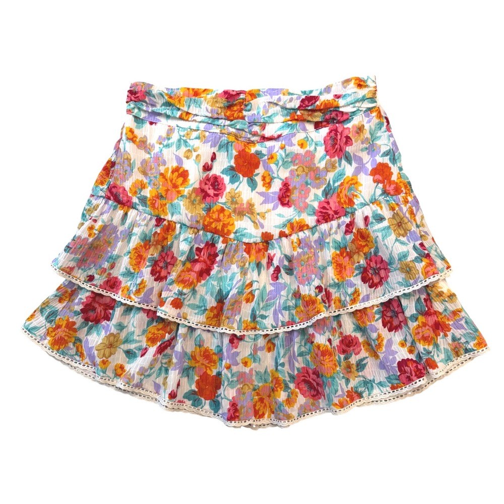 Naf Naf Paris Floral Tiered Mini Skirt Eden Ecru Boho Cottage Lace Trim Sz 38/8